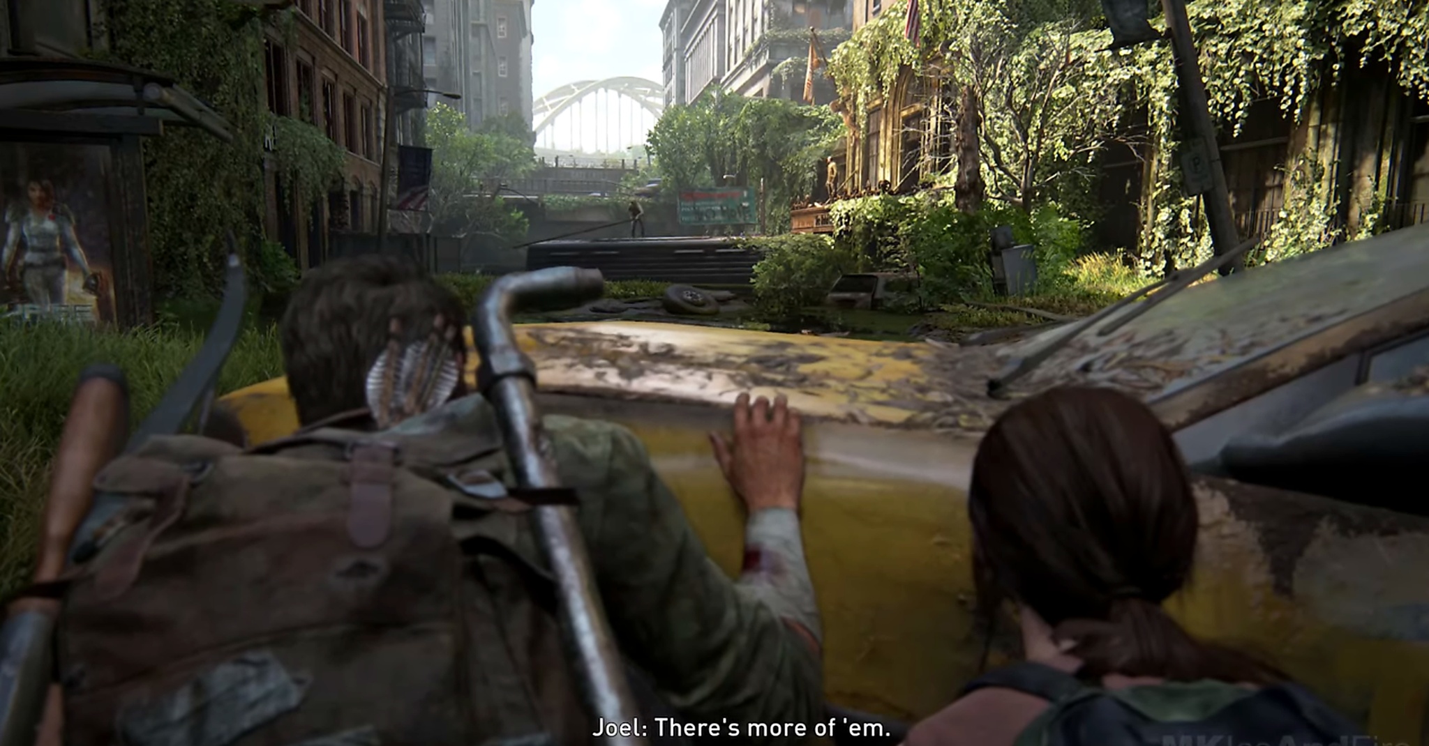 The Last of Us — Joel and Ellie behind a rusted taxi in an overgrown post-apocalyptic city.