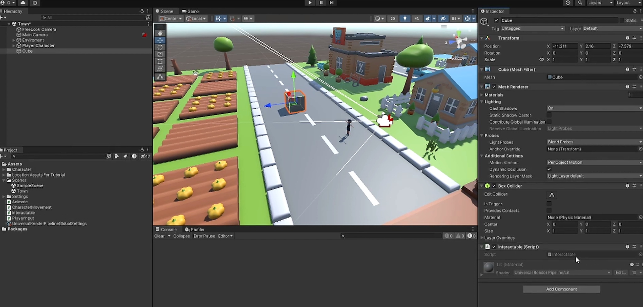 Pokémon GO running in the Unity Editor with a low-poly 3D town scene and an Inspector panel showing a Cube's components.