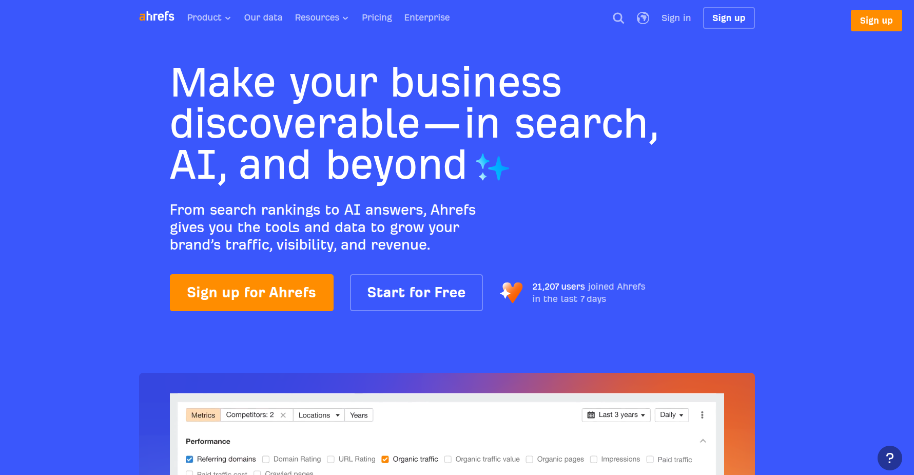 Ahrefs homepage section showing
